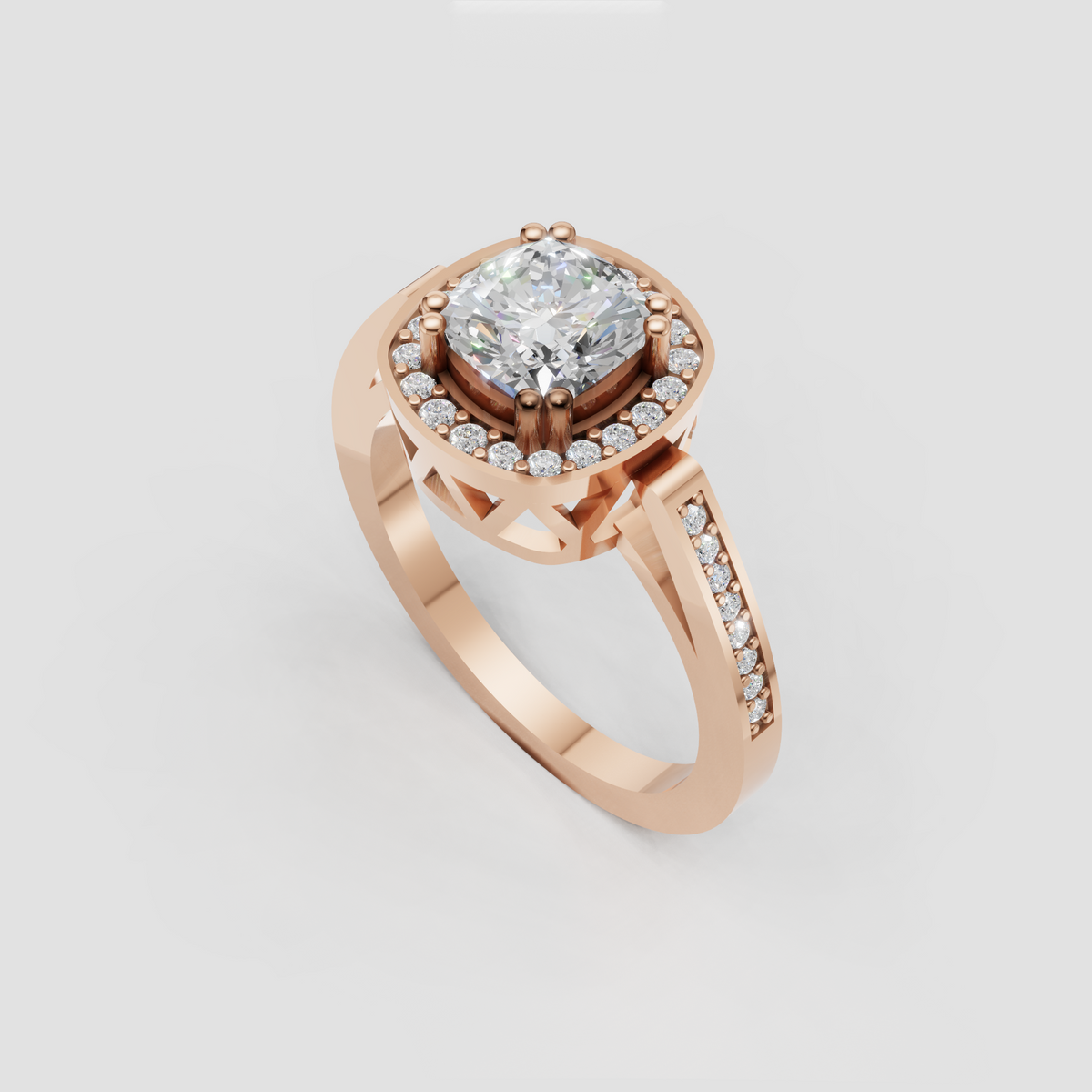 Cushion diamond engagement ring with rounded halo and bead detailing