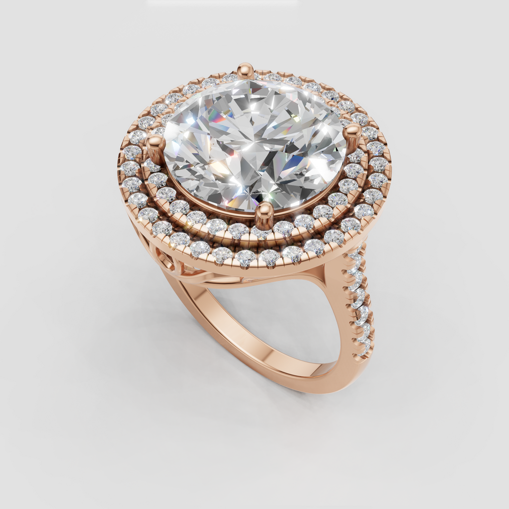 Detailed round diamond pave engagement ring side view