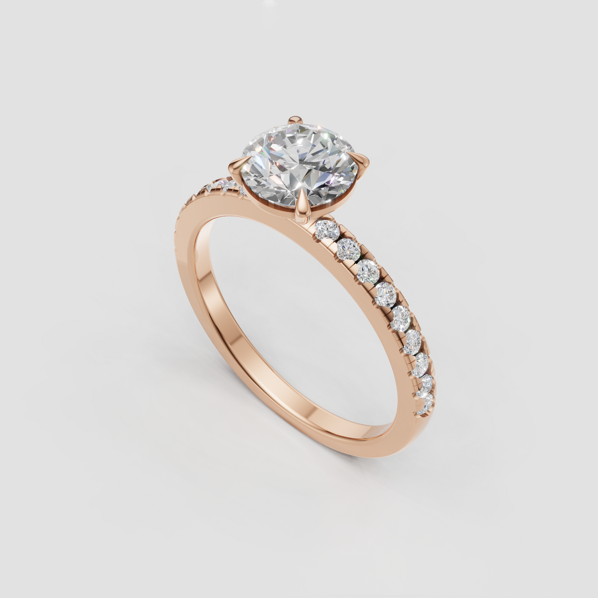 Round Diamond four-prong solitaire ring viewed from an angled perspective