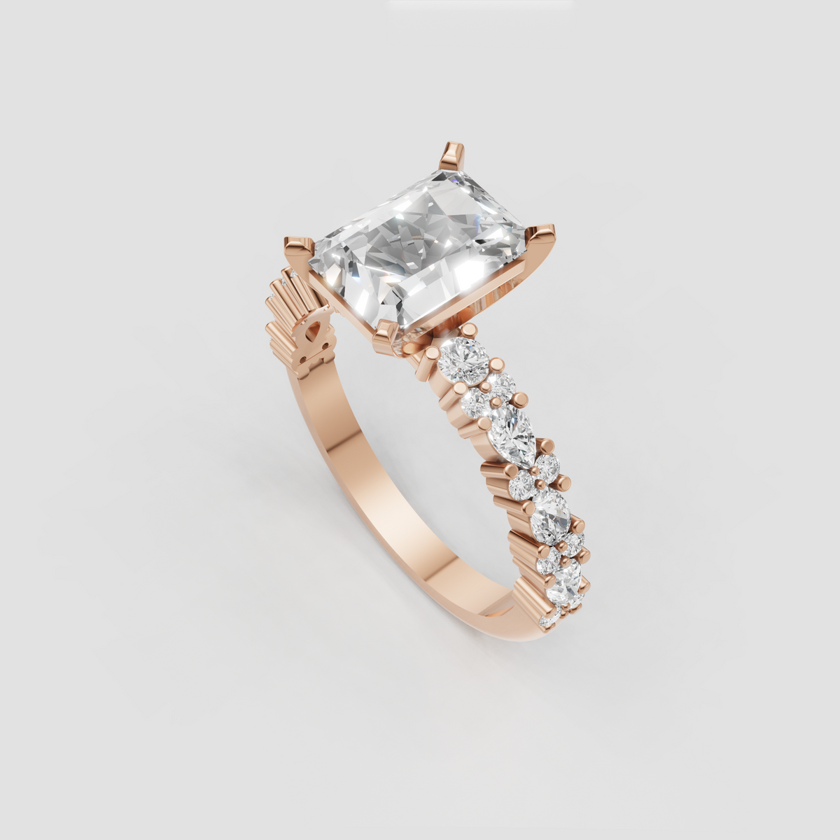 Yellow gold radiant cut diamond solitaire ring with diamond embellished band