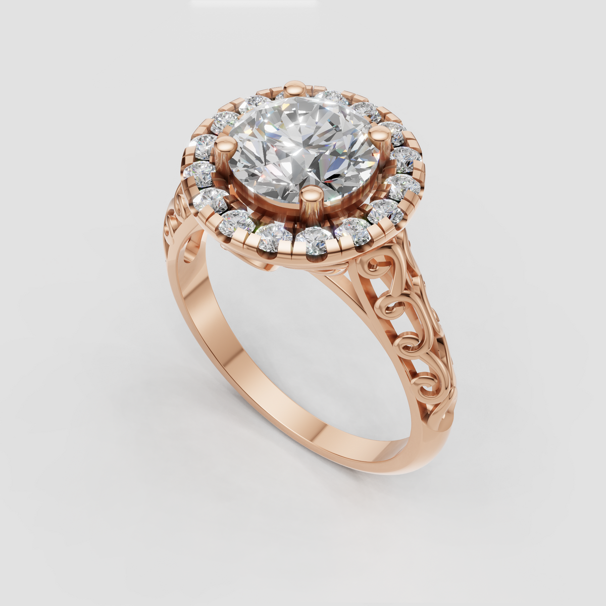 Round diamond halo engagement ring with sparkling accent stones and scrollwork