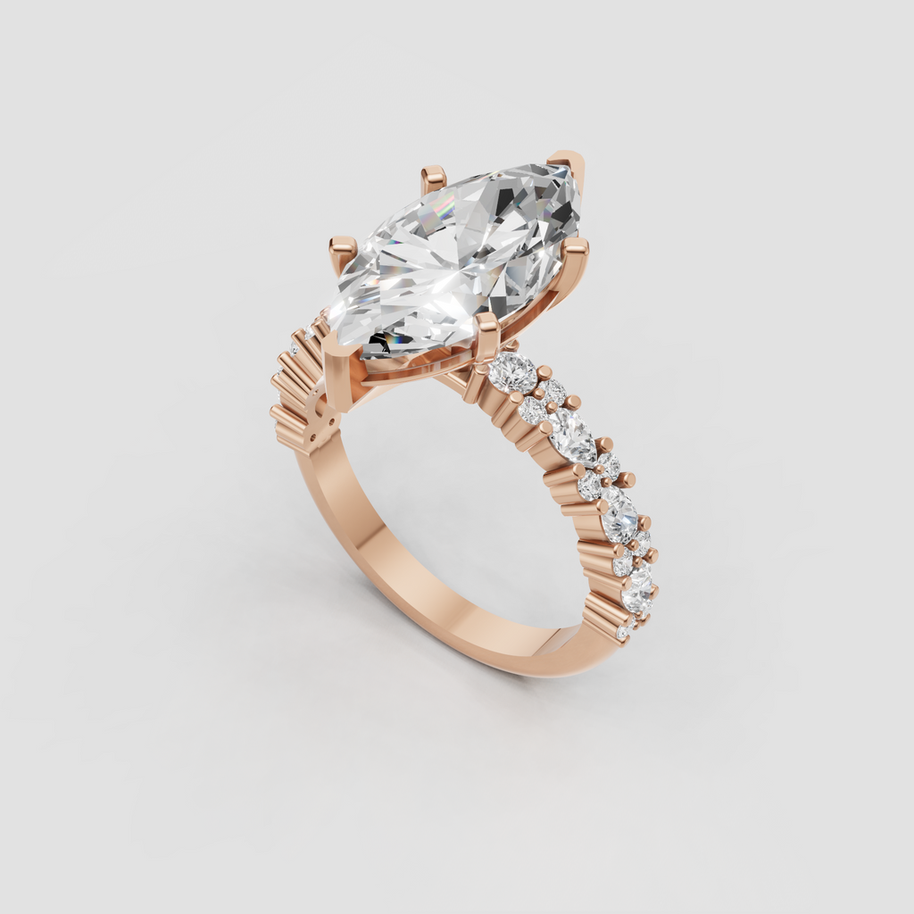 Yellow gold marquise engagement ring with alternating side diamonds