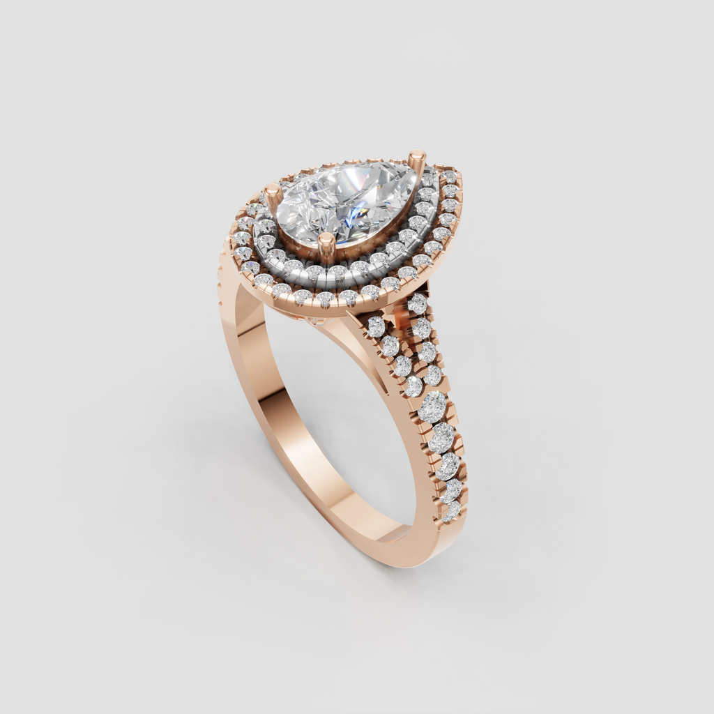 Front view of pear-shaped Diamond double halo engagement ring with sparkling band