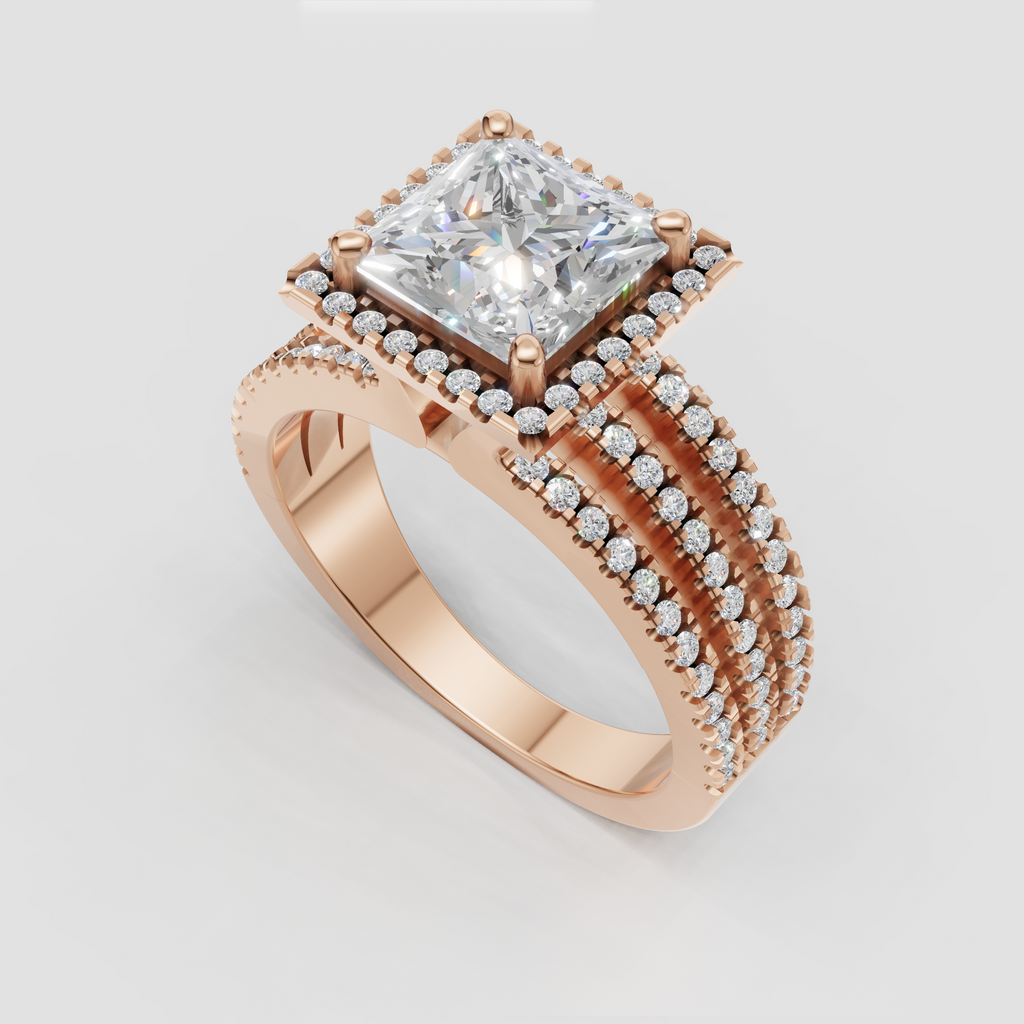 Princess cut diamond ring with intricate gold setting