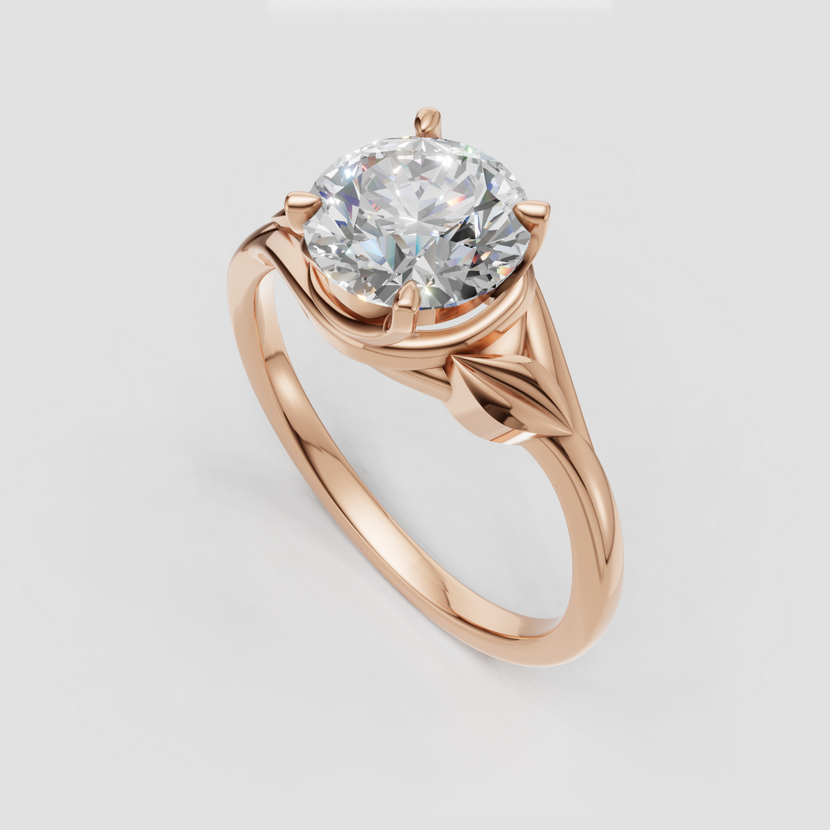 Round solitaire diamond ring with sculpted leaf inspired shoulders