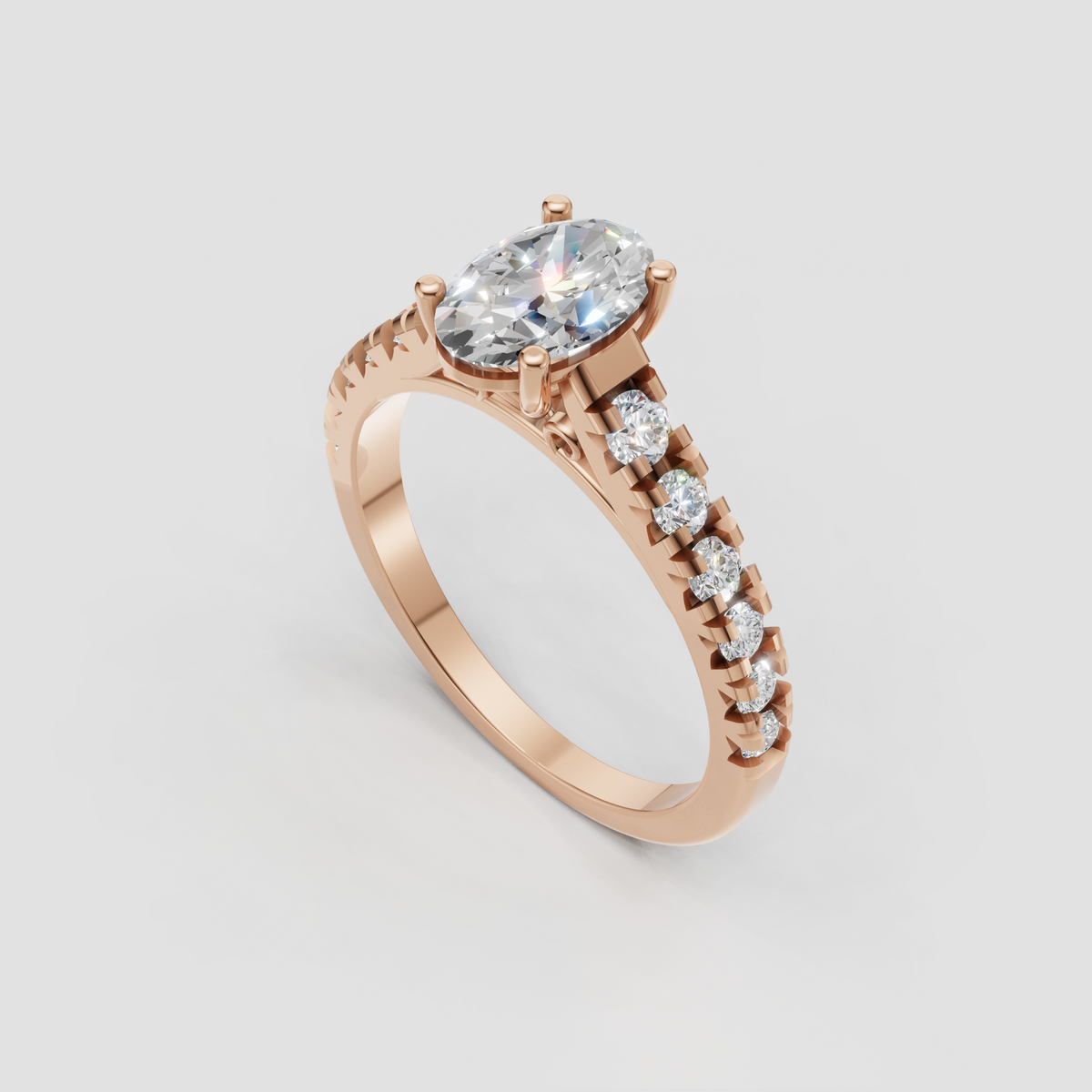 Yellow gold ring with elongated oval center diamond and accent stones