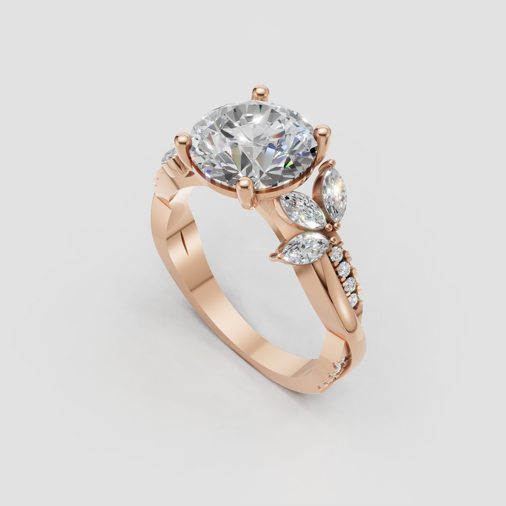 Yellow gold round diamond engagement ring with floral-inspired setting