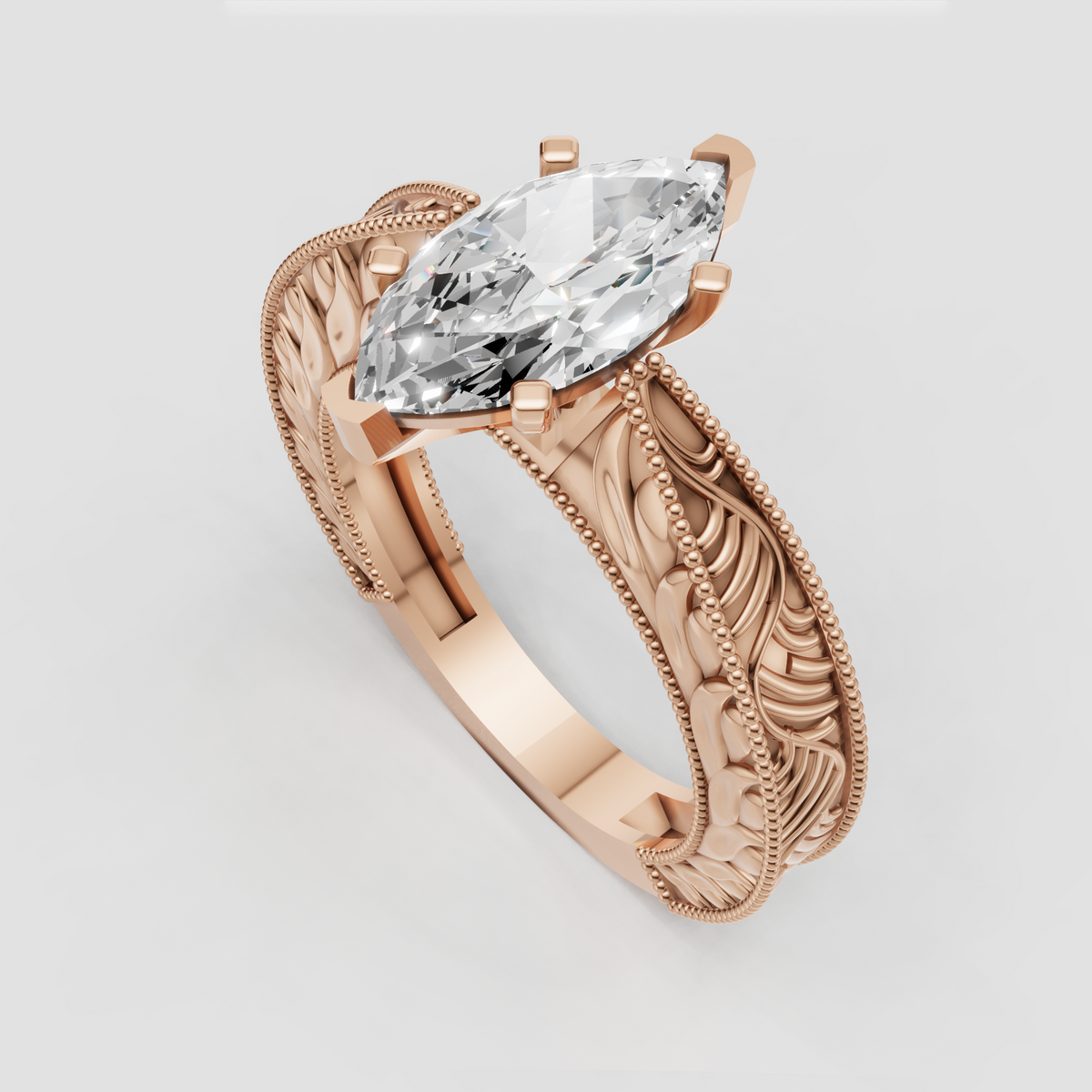 Elegant marquise cut diamond ring with sculpted leaf motifs