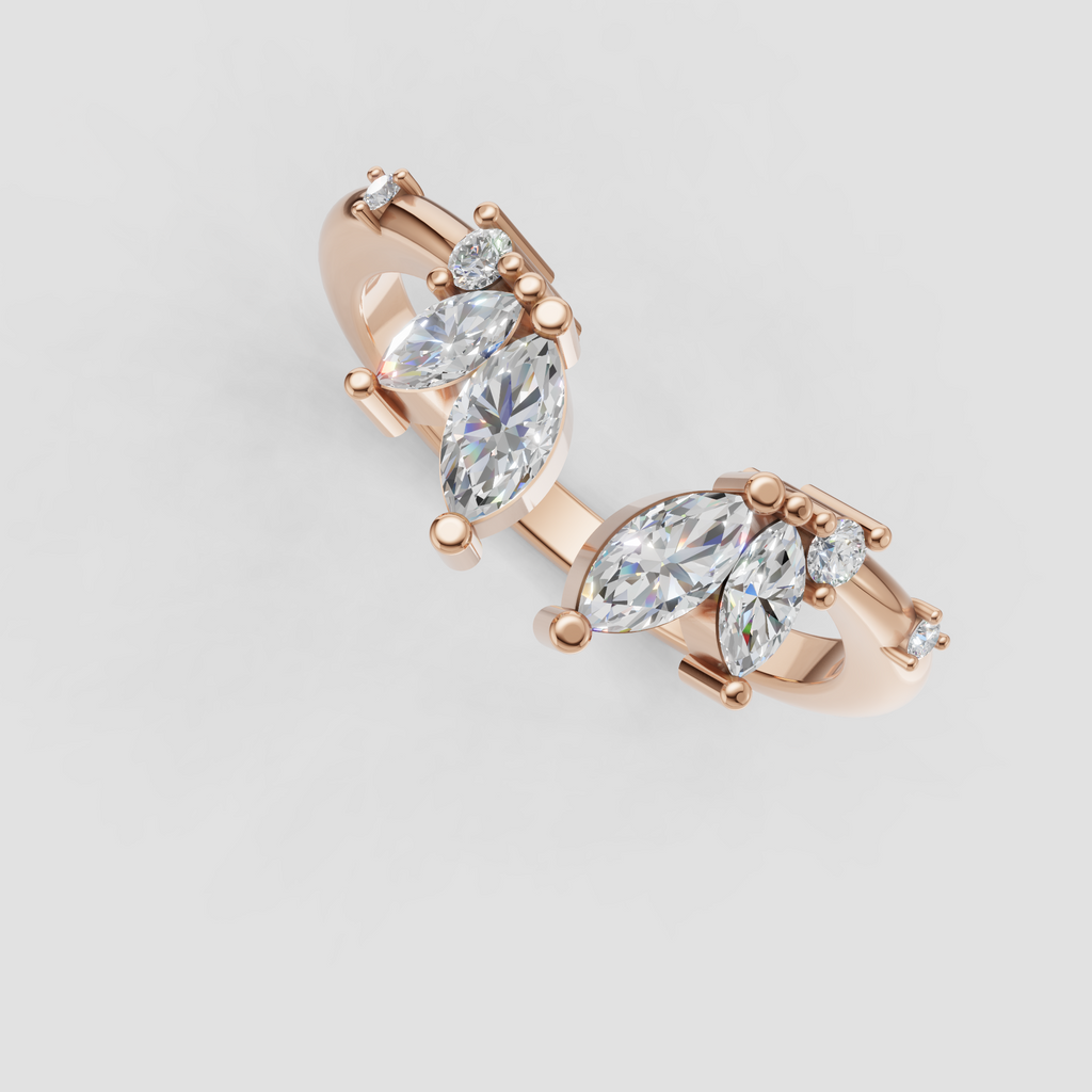 Side view of marquise and round cut diamond open gap band