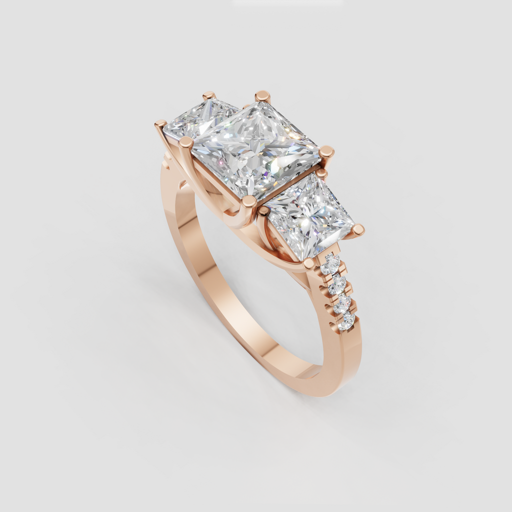 Princess cut diamond ring featuring a classic three stone design