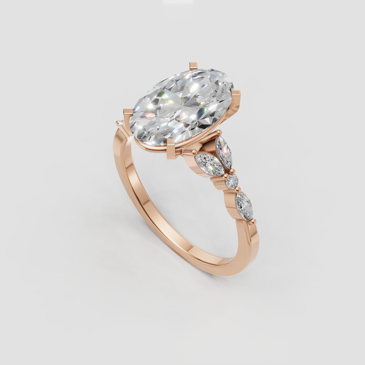 Oval cut diamond ring with marquise and round side stones
