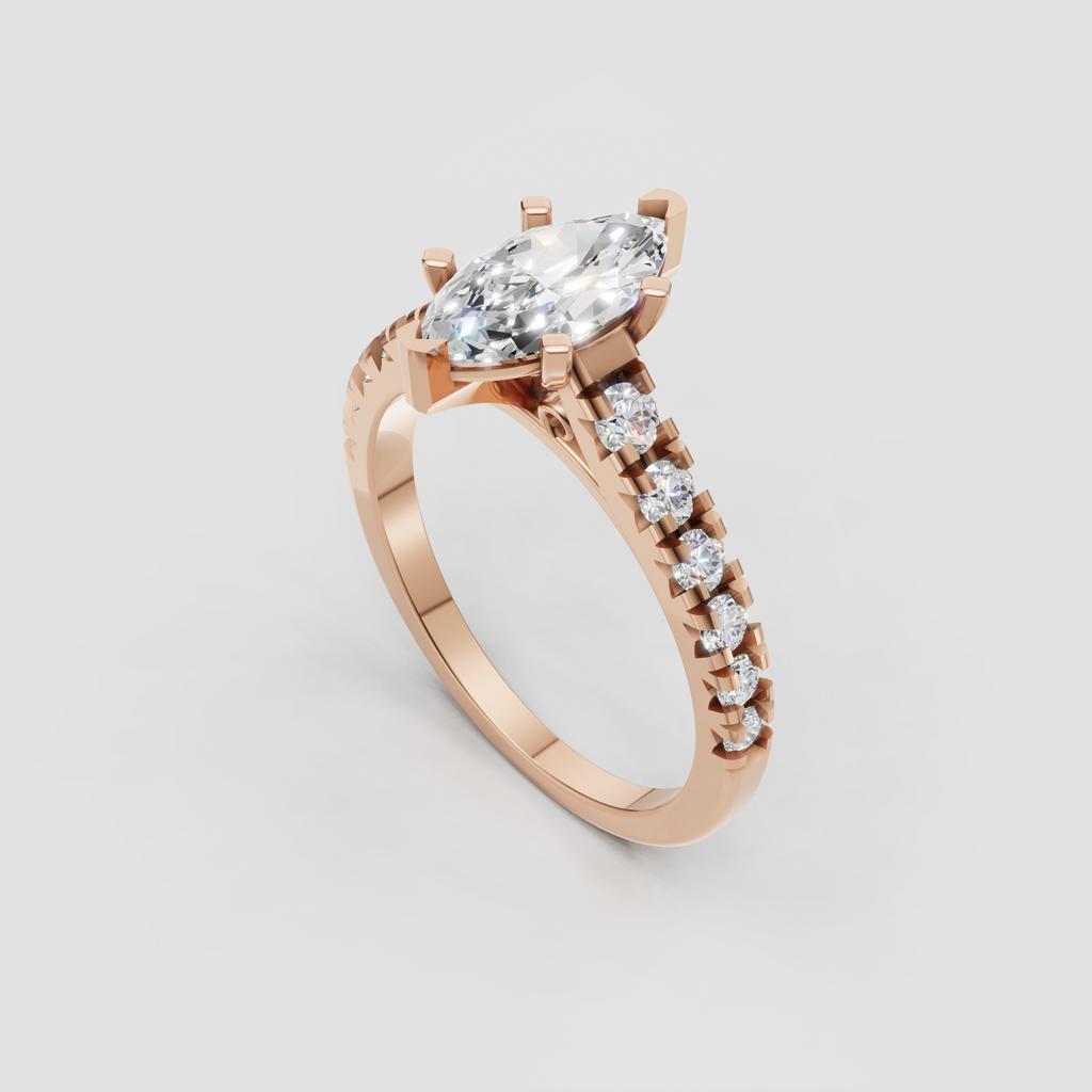 Front view of yellow gold marquise diamond engagement ring with six prongs