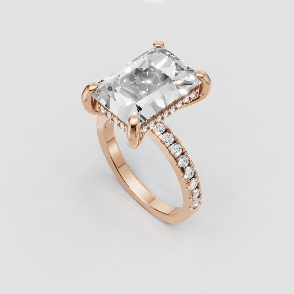Radiant cut Diamond ring with sparkling hidden halo beneath center stone