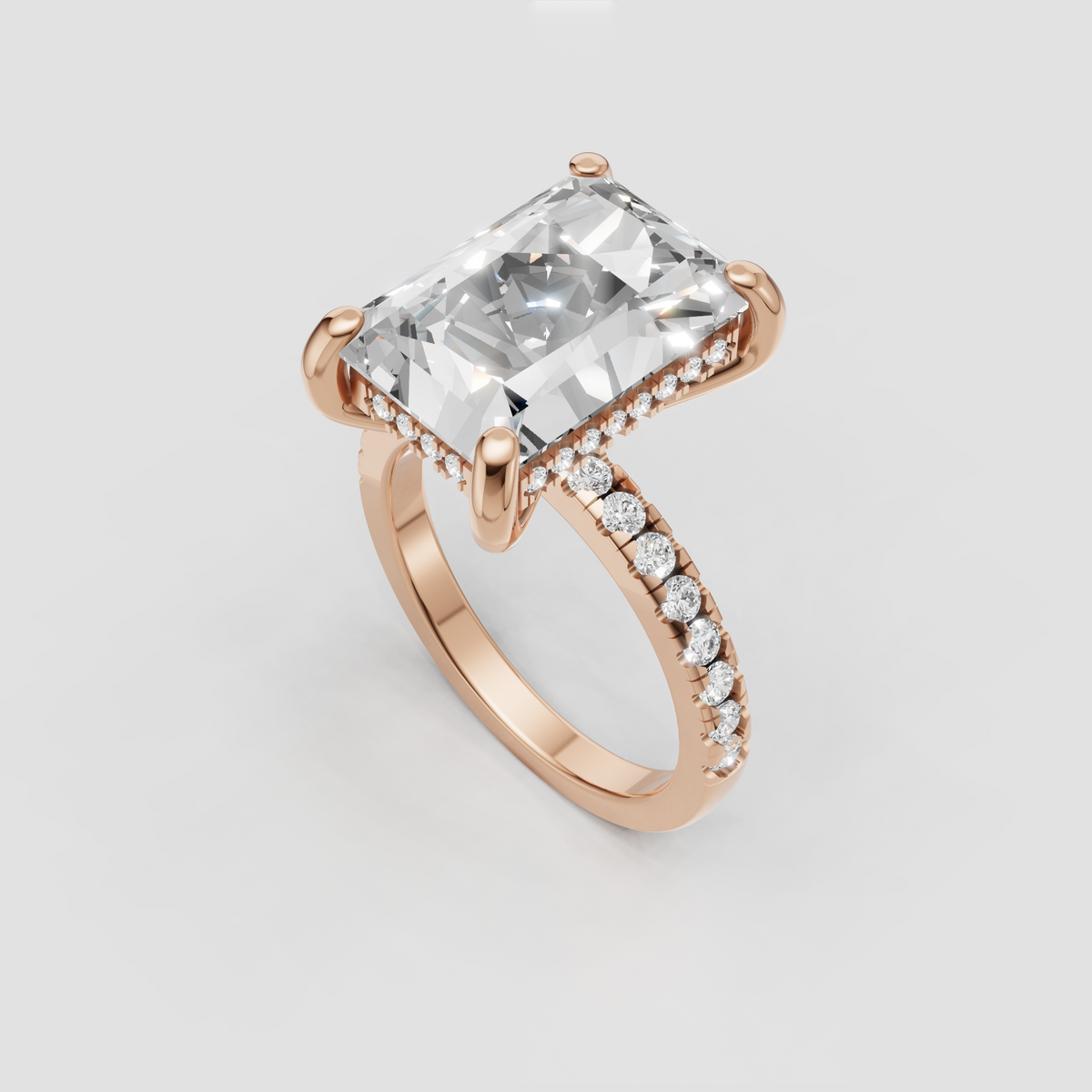 Radiant cut Diamond ring with sparkling hidden halo beneath center stone
