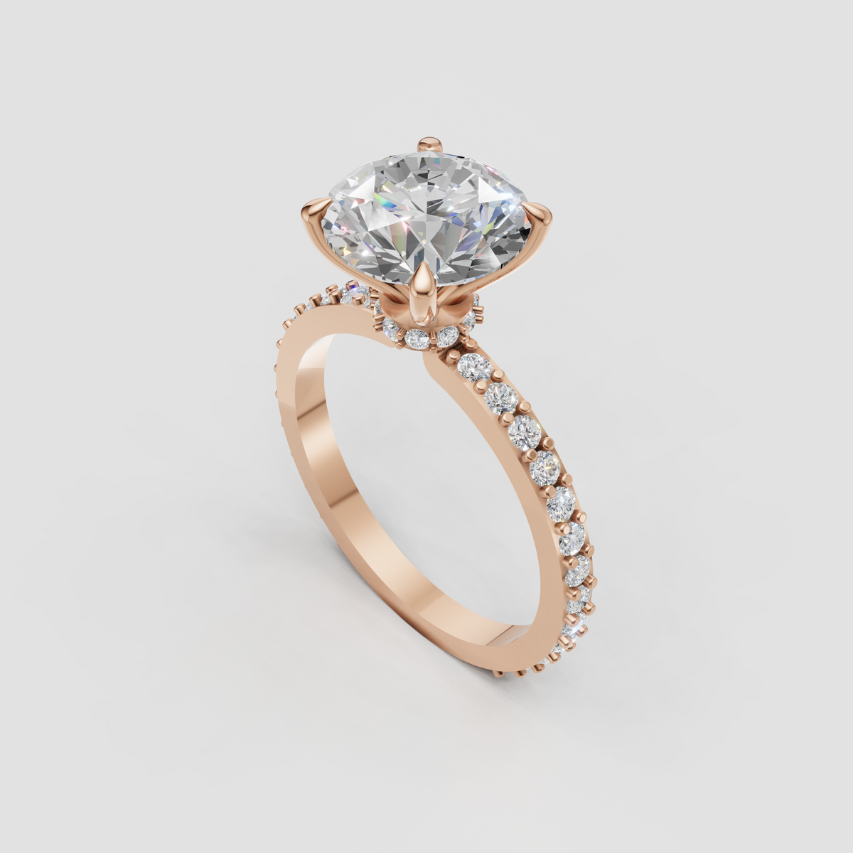 Yellow gold round diamond engagement ring with pavé band