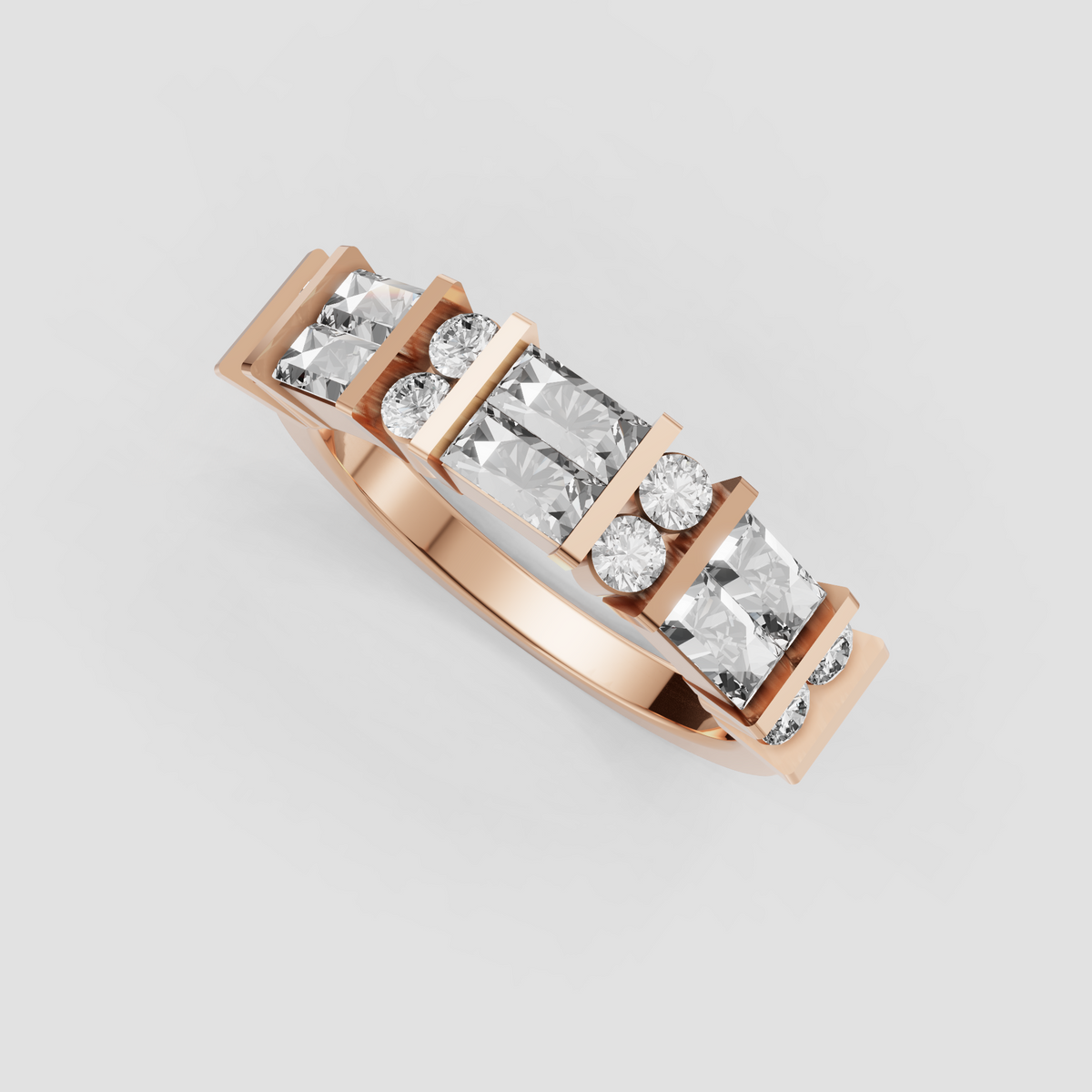 Baguette-cut diamond band accented by paired round brilliant diamonds