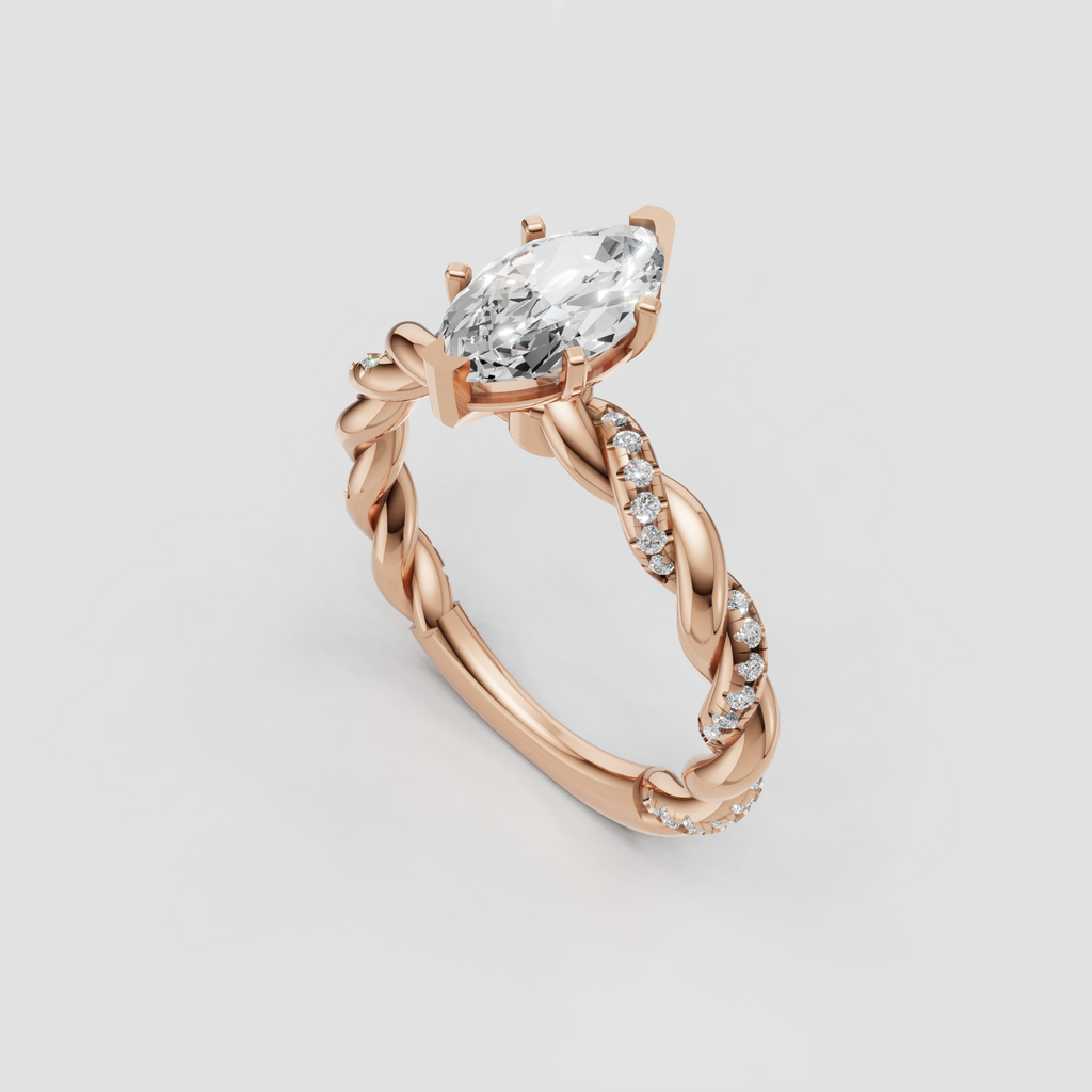Multi-prong marquise diamond engagement ring with sculptural shoulders