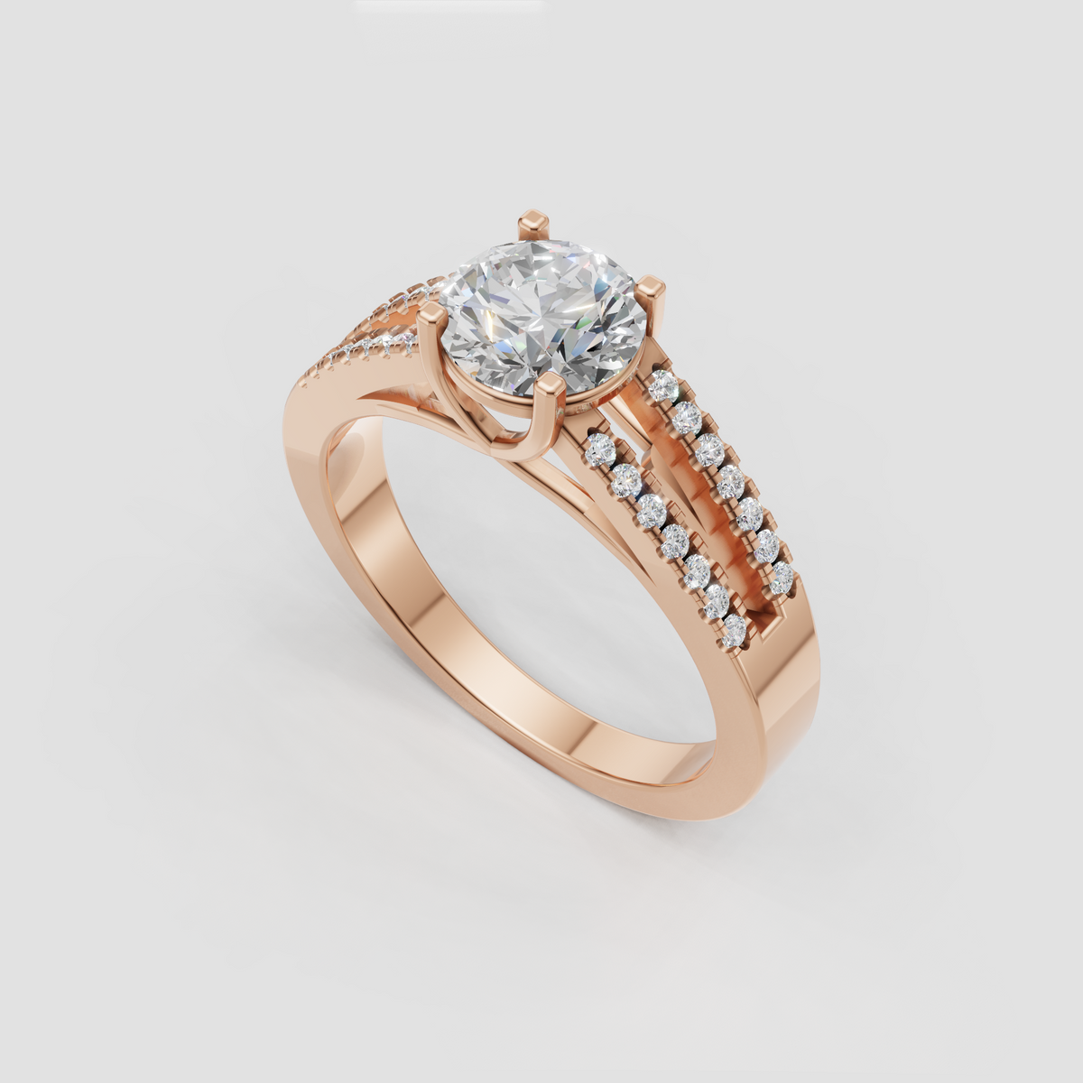 Round brilliant Diamond engagement ring with four claw-style prongs and pavé band