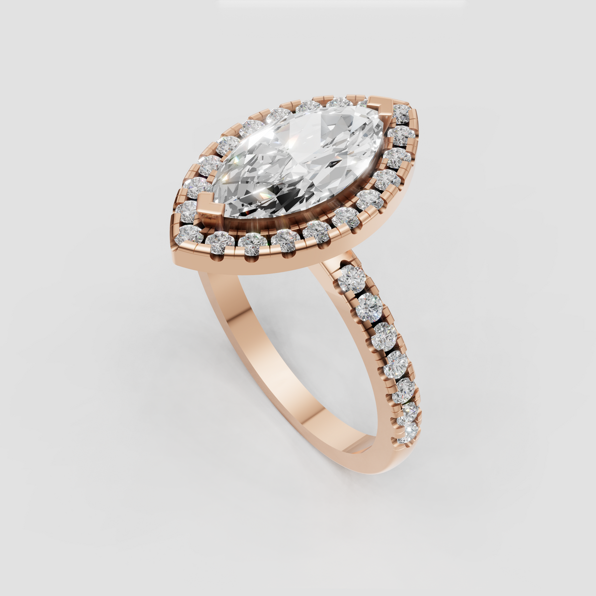 Side view of a marquise halo ring showing its elevated center setting.