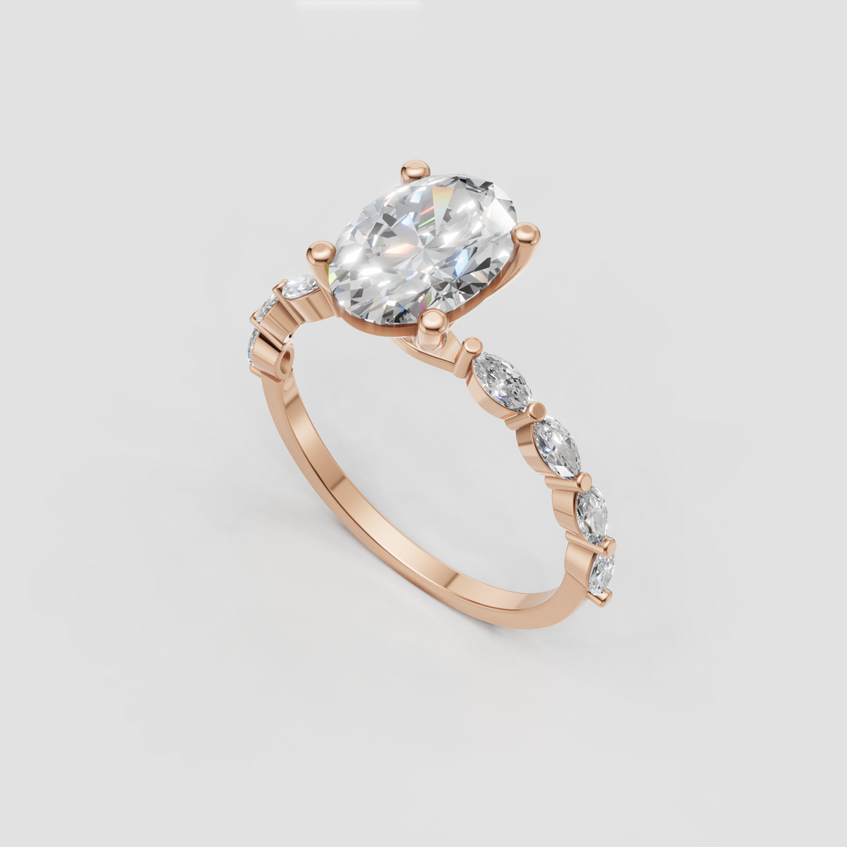Oval diamond ring with elevated cathedral setting and side accents