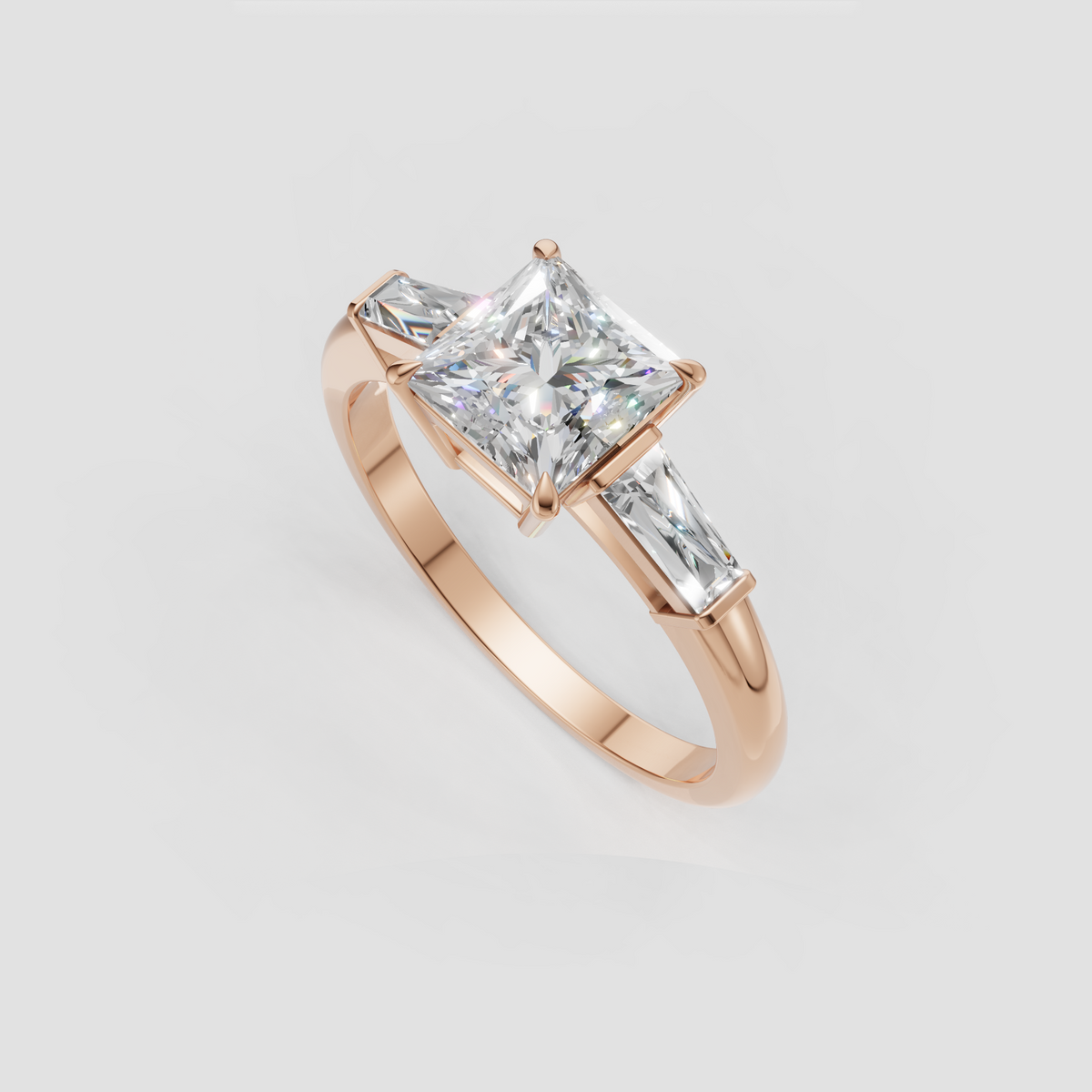 Yellow gold diamond ring featuring square center stone and side baguettes