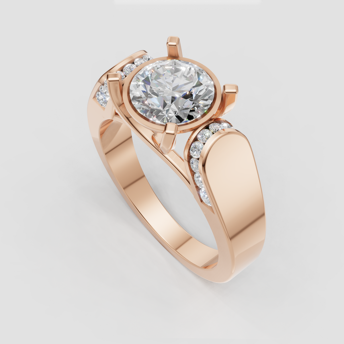 Round diamond engagement ring with polished wide shoulders