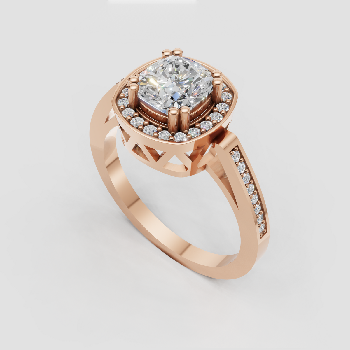 Cushion diamond ring with geometric open gallery and pave band