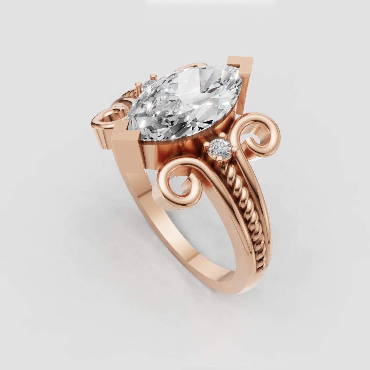Front view of marquise diamond scrollwork engagement ring