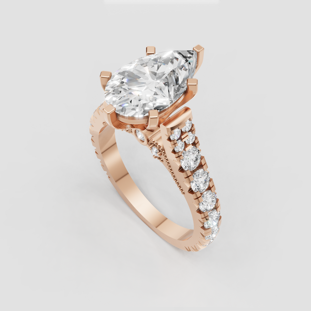 Pear diamond bridal ring with decorative open gallery and side stones