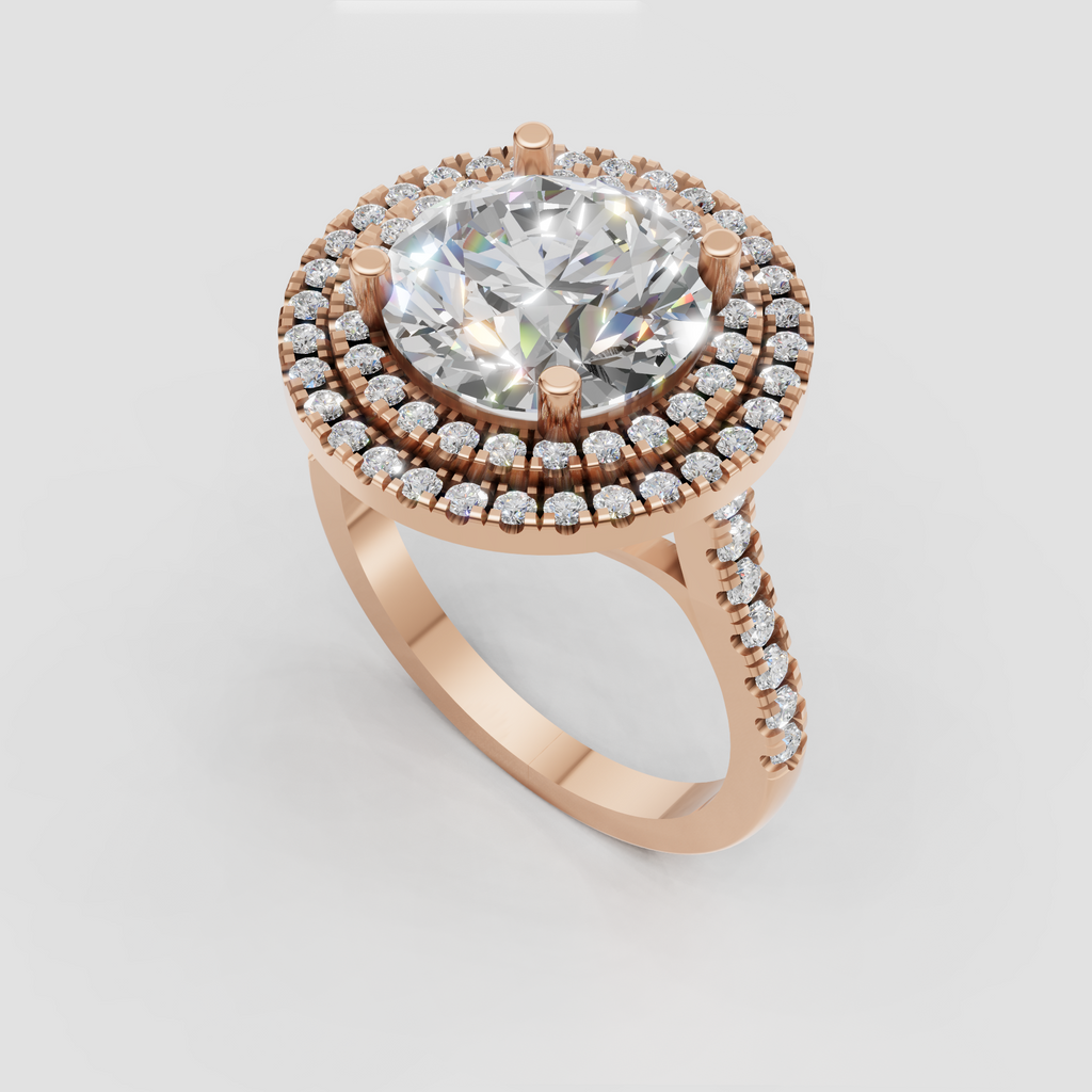 Round center stone engagement ring with four prongs and diamond halos