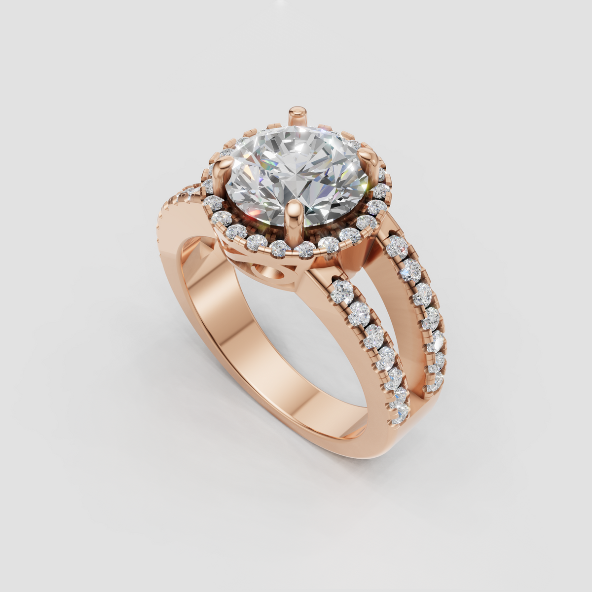 Glamorous round canter diamond ring with surrounding halo stones