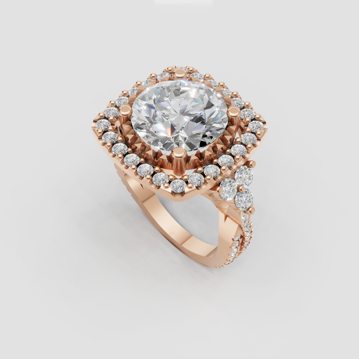 Ornate yellow gold round halo ring viewed from the front