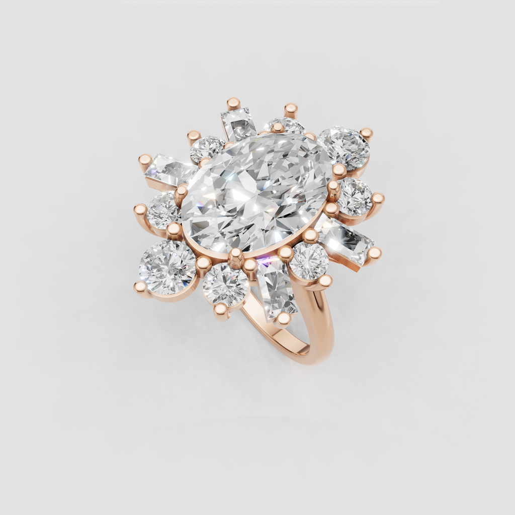 Oval center stone diamond ring with flower-inspired halo cluster