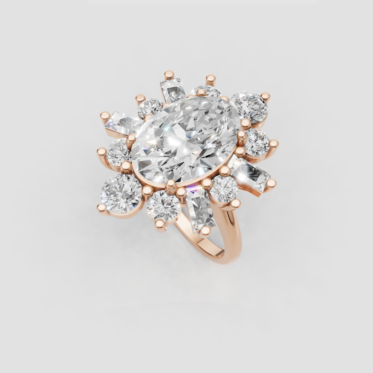 Oval center stone diamond ring with flower-inspired halo cluster