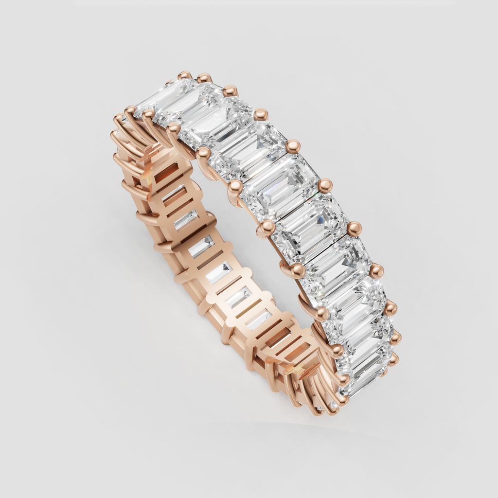 Emerald cut diamond wedding band with full circumference stones