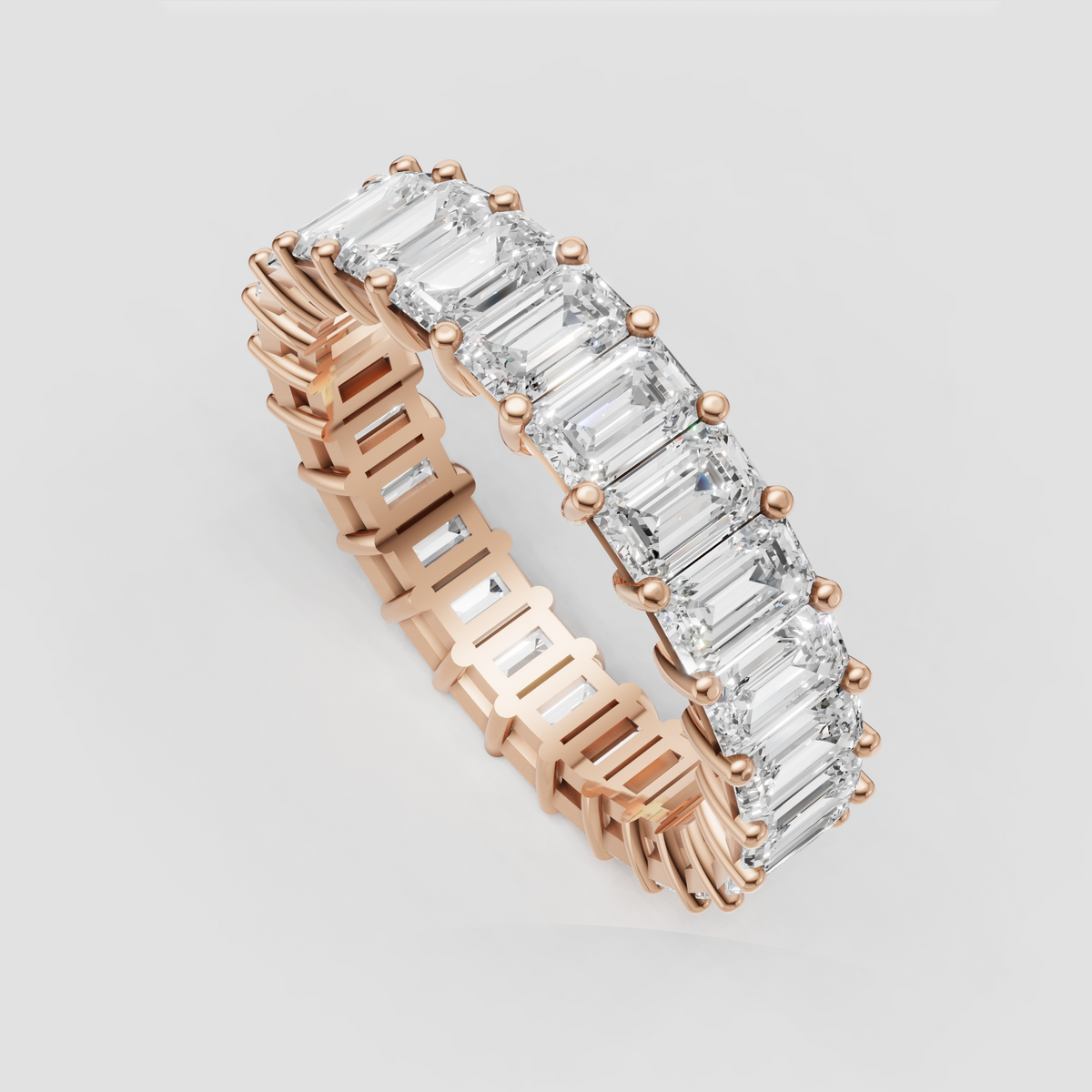 Emerald cut diamond wedding band with full circumference stones