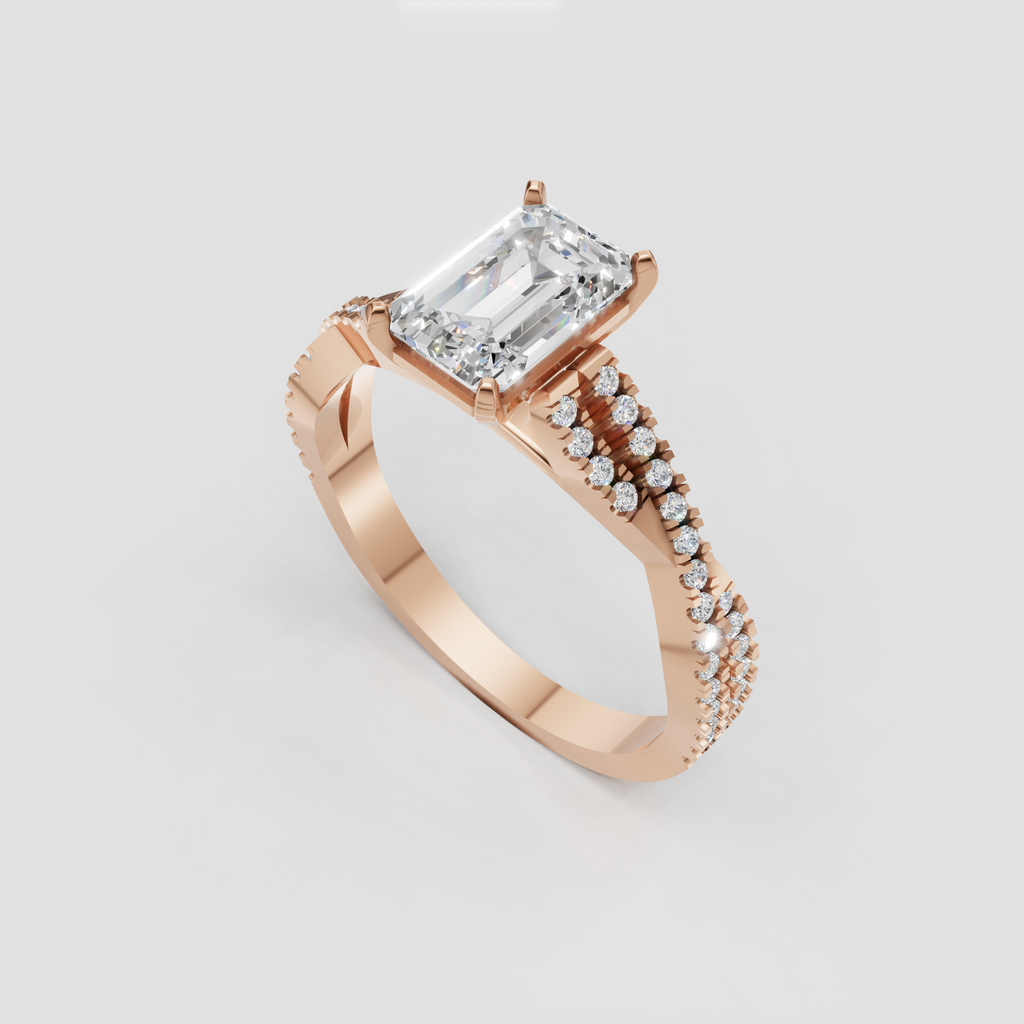 Four prong emerald cut diamond engagement ring in polished yellow gold