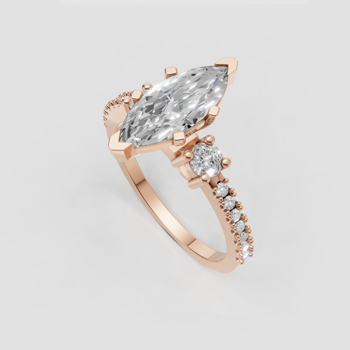 Luxury elongated marquise cut engagement ring in polished gold