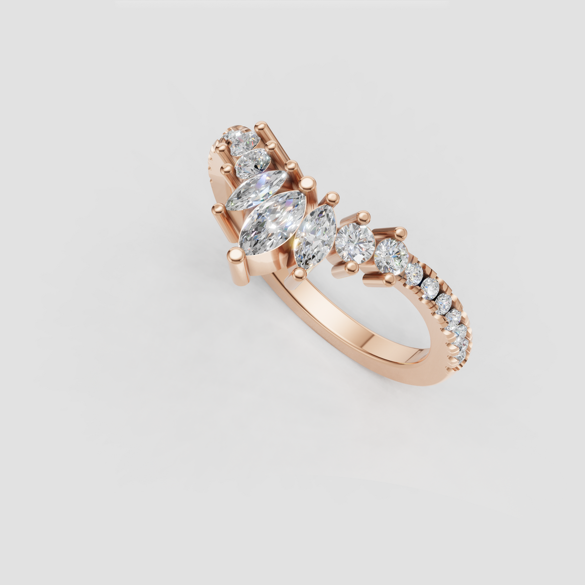 Contoured wedding band with marquise center and round diamond accents