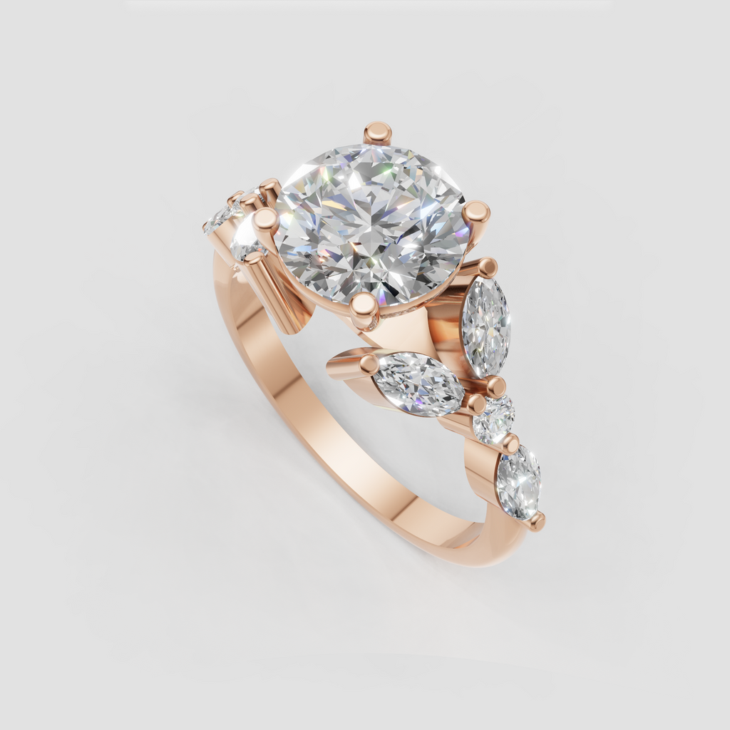 Round diamond ring with floral inspired marquise side stone arrangement