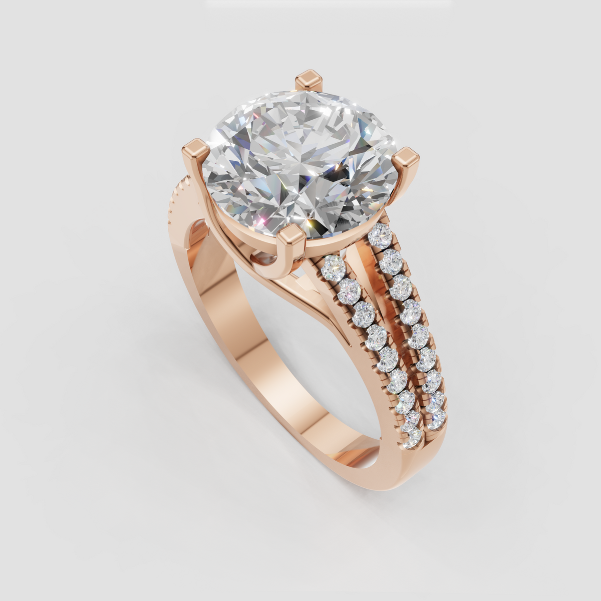 Round diamond ring with elevated basket setting and split pavé shank