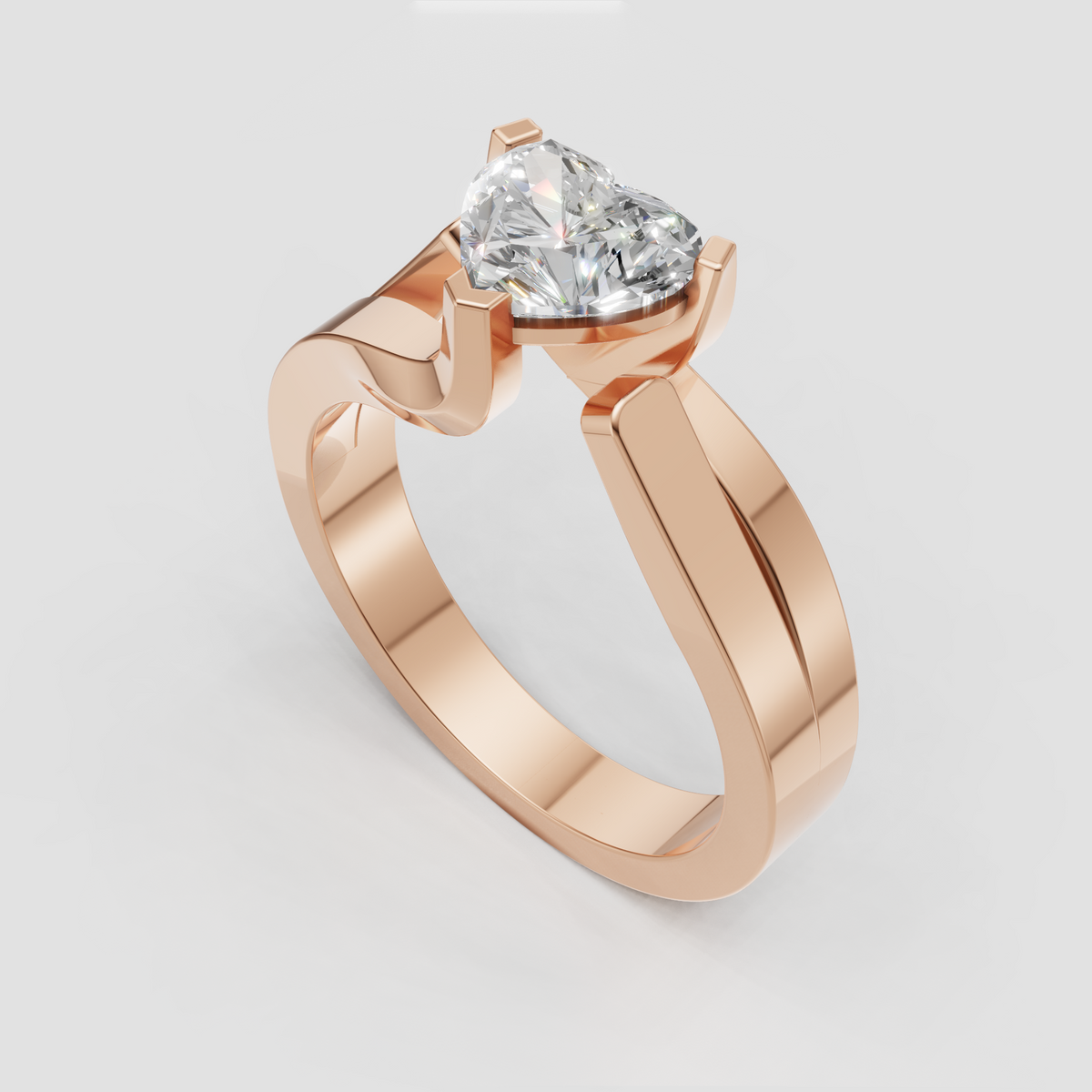 Sculptural yellow gold ring with heart-shaped solitaire diamond
