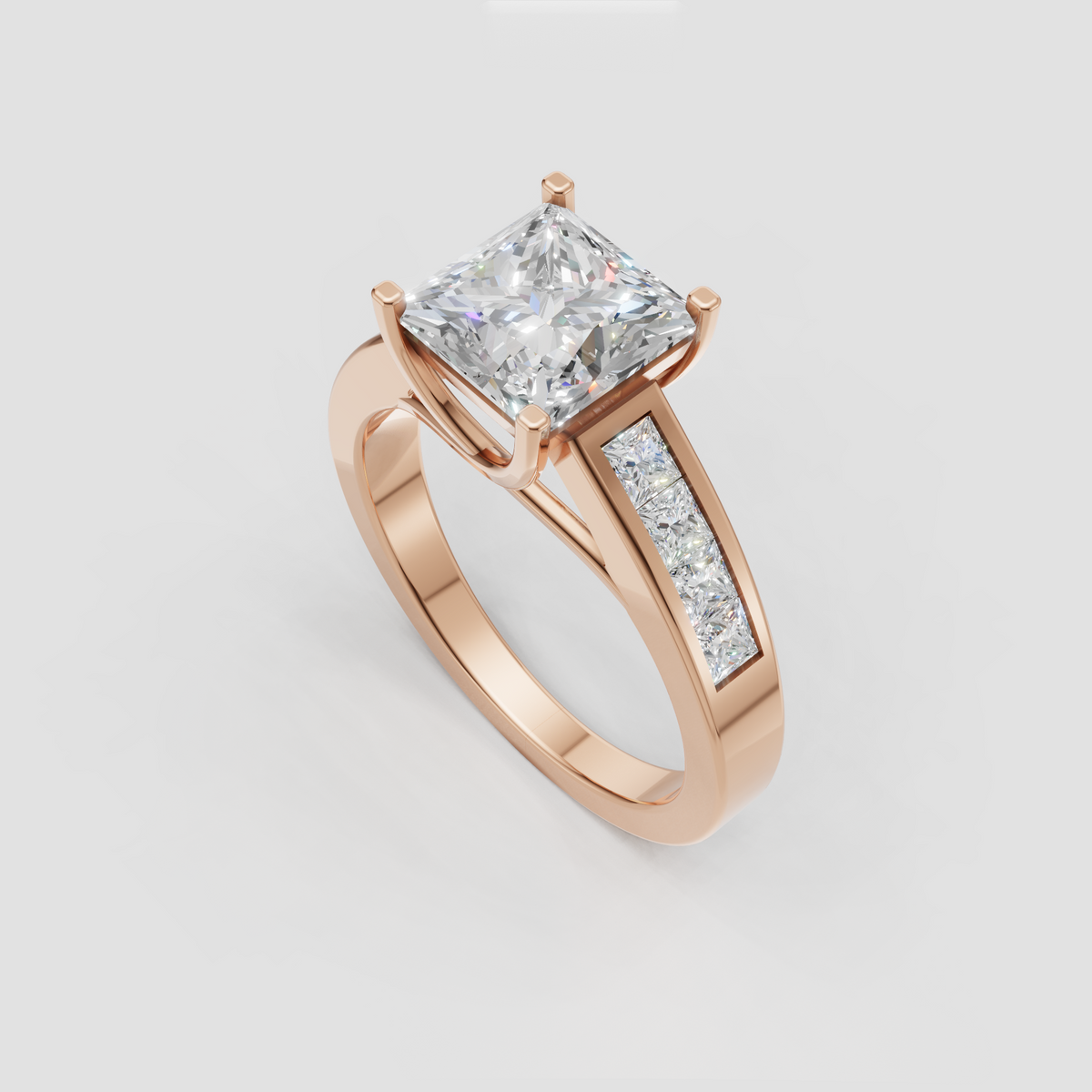 Side view of princess cut diamond engagement ring with accent stones