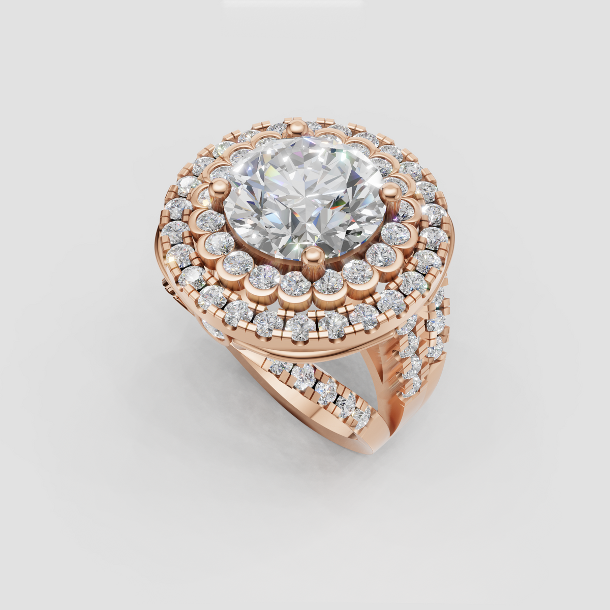 Round diamond engagement ring with intricate split shoulder and diamond accents