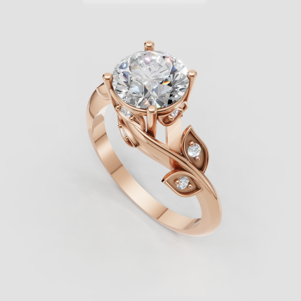 Yellow gold engagement ring with leaf shaped diamond accents