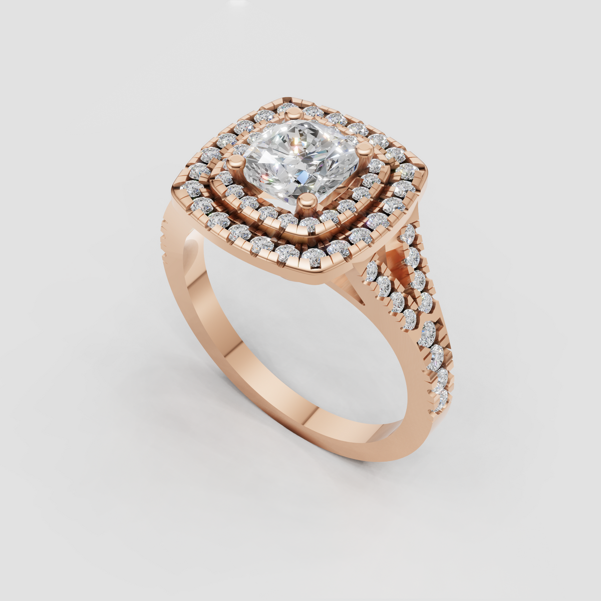 Elegant cushion cut engagement ring with layered diamond halo