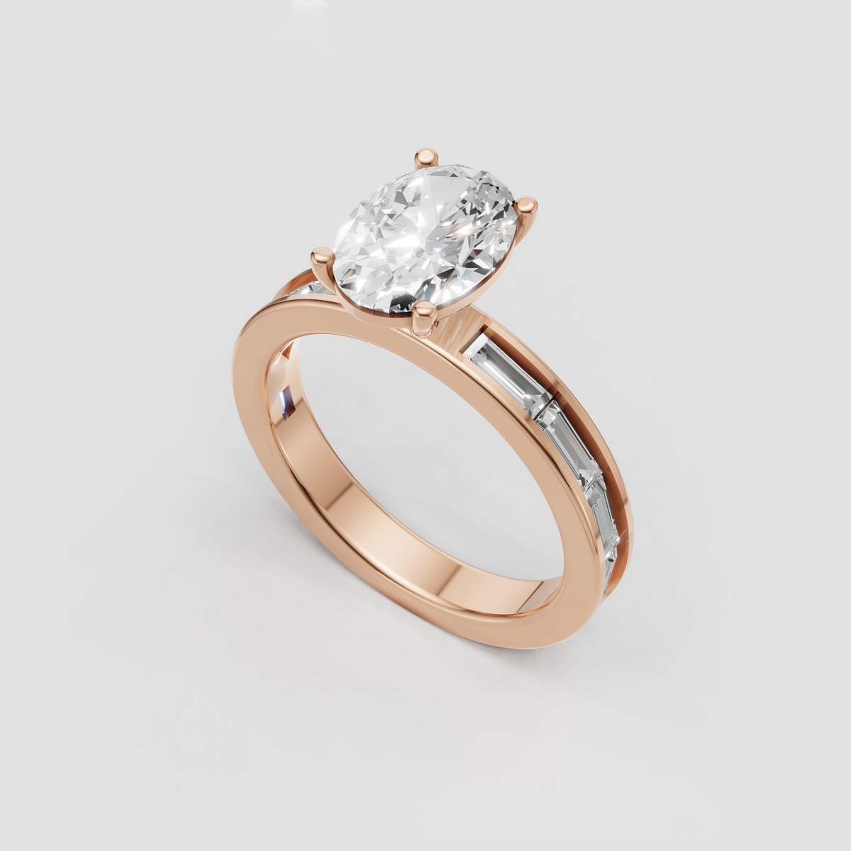 Oval cut engagement ring with baguette diamond accented shoulders