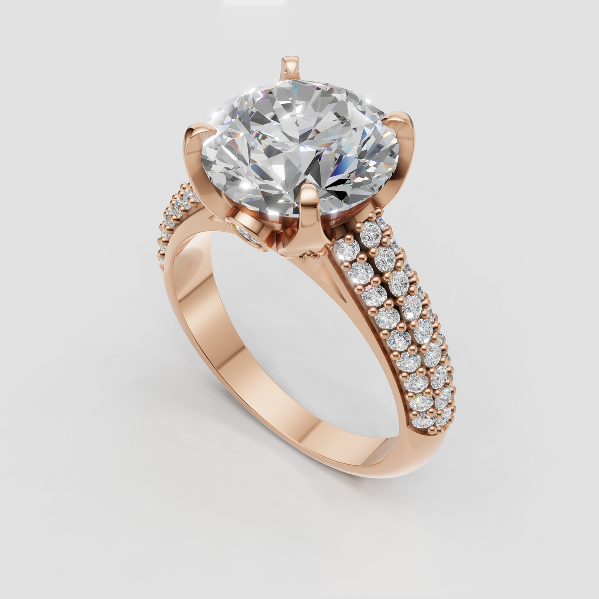 Round diamond solitaire-inspired ring with ornate pavé setting