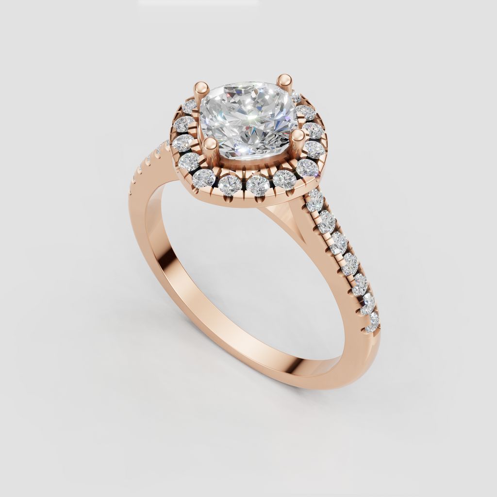 Cushion diamond engagement ring featuring a brilliant round stone halo