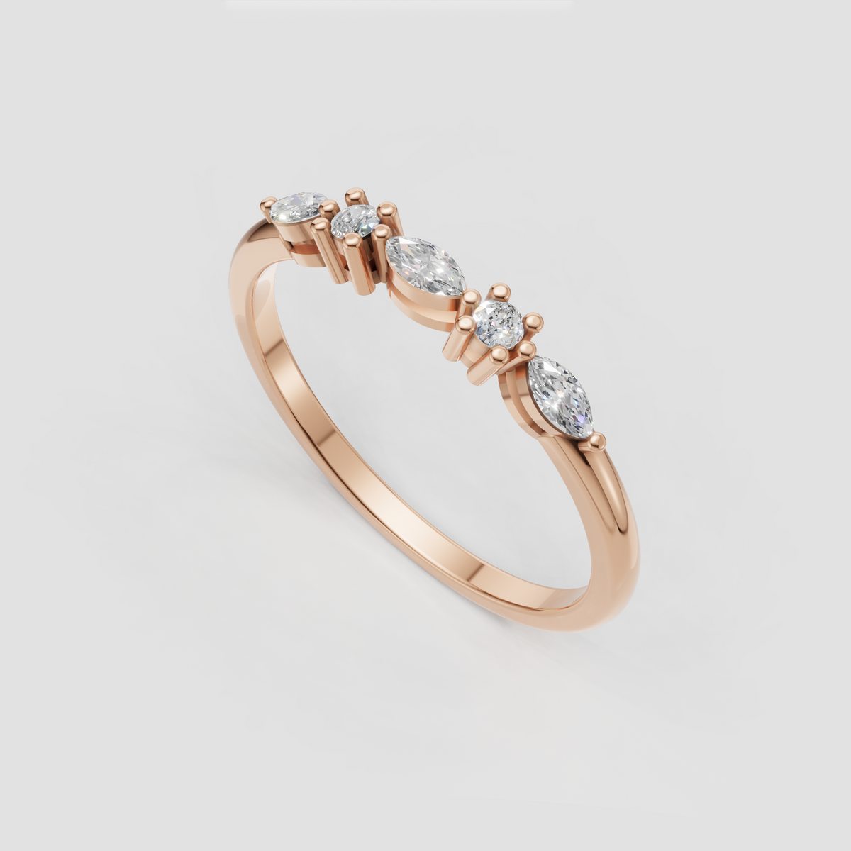 Refined rose gold wedding ring with five visible alternating diamond settings